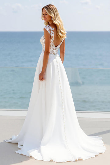 Ivory Court Train Chiffon A Line Sweetheart Wedding Dress with Lace Appliques